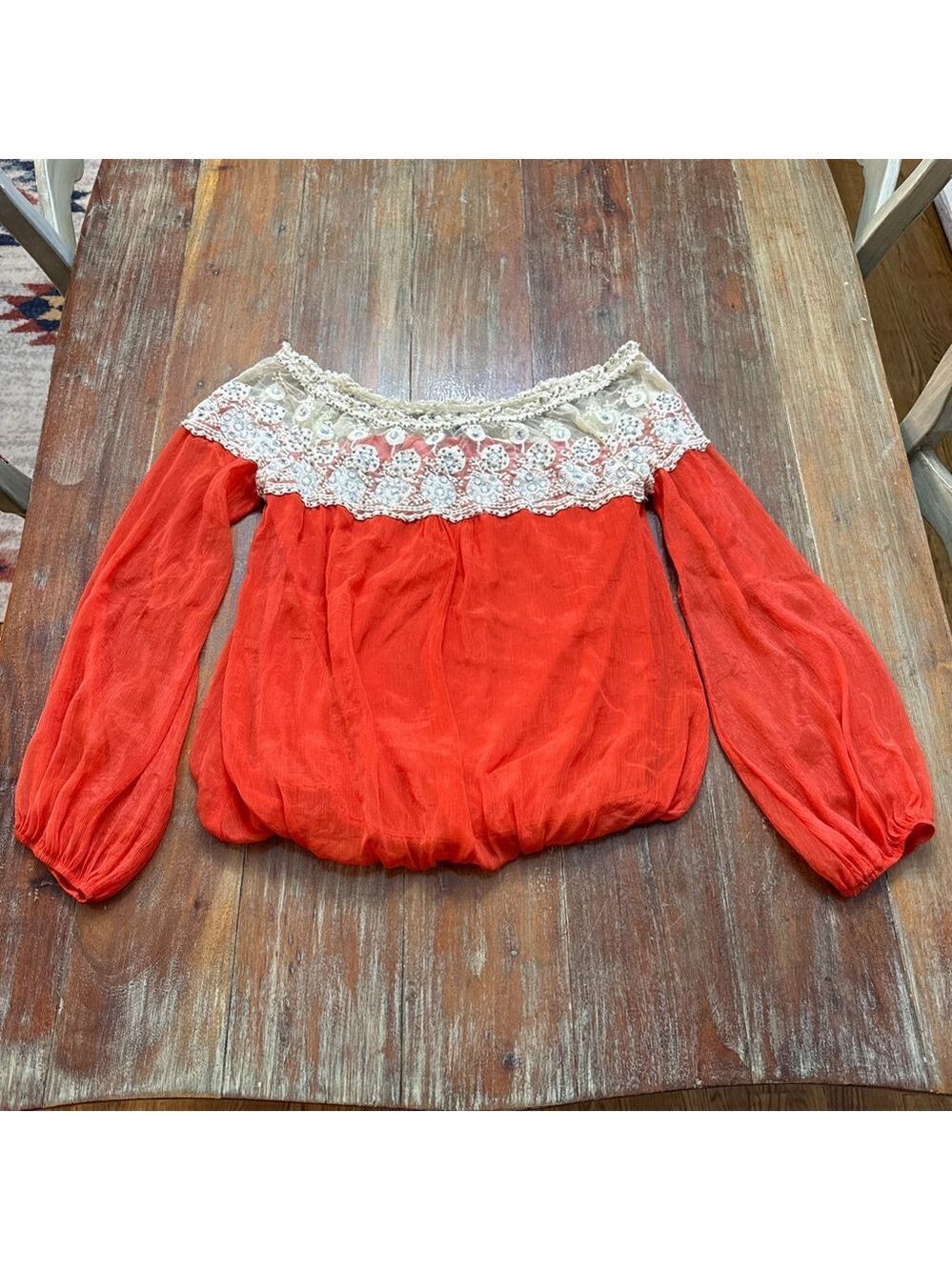 Anthropologie Ryu Lace Blouse Small Orange Beige Sequins Boho